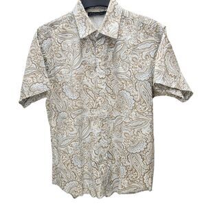 Vintage Positano Button Up Shirt Mens Large Blue Tan Paisley All Over Print USA